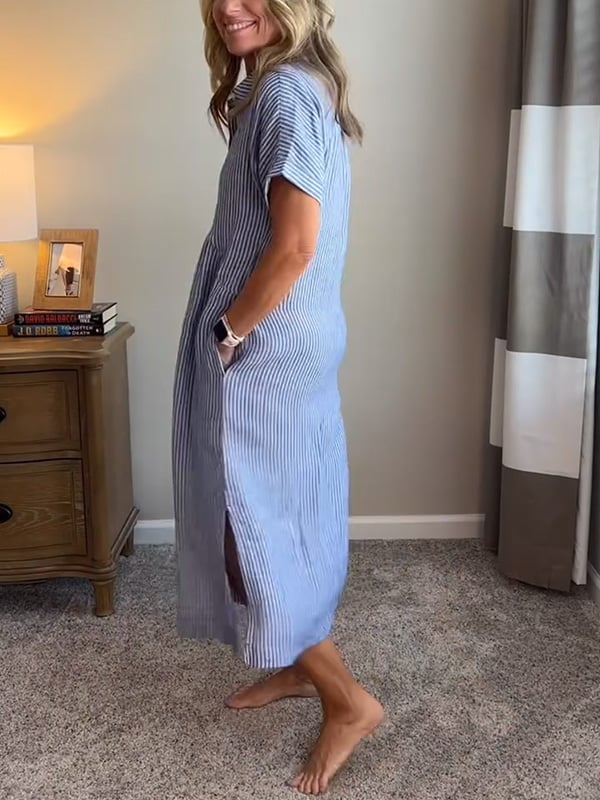Sutton | Women's Linen Striped Button-Down Midi Shirt Dress