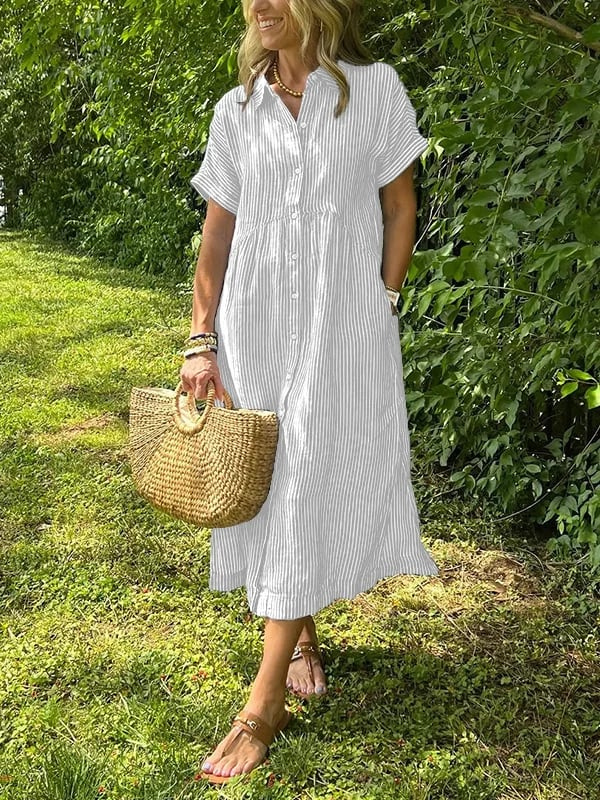 Sutton | Women's Linen Striped Button-Down Midi Shirt Dress