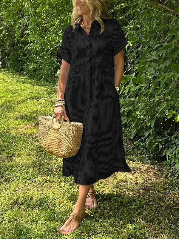 Sutton | Women's Linen Striped Button-Down Midi Shirt Dress