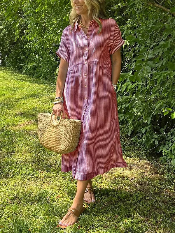 Sutton | Women's Linen Striped Button-Down Midi Shirt Dress