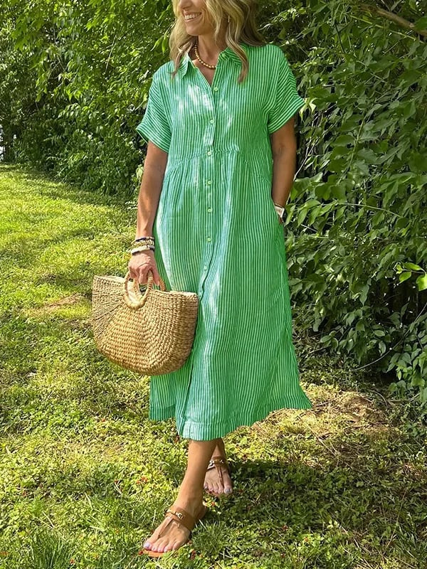 Sutton | Women's Linen Striped Button-Down Midi Shirt Dress