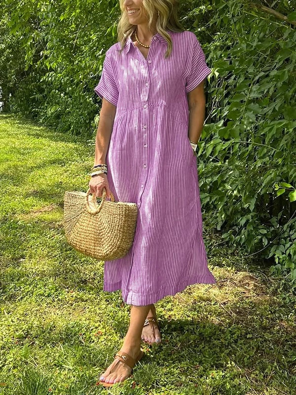 Sutton | Women's Linen Striped Button-Down Midi Shirt Dress