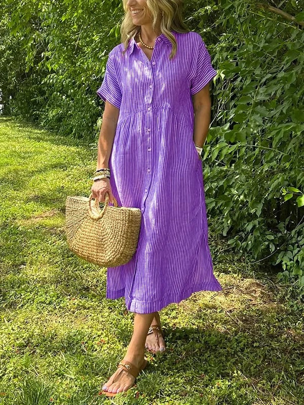 Sutton | Women's Linen Striped Button-Down Midi Shirt Dress