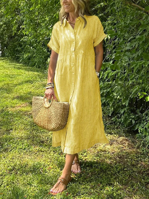 Sutton | Women's Linen Striped Button-Down Midi Shirt Dress