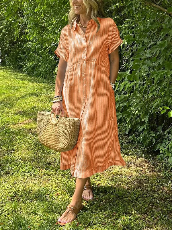 Sutton | Women's Linen Striped Button-Down Midi Shirt Dress