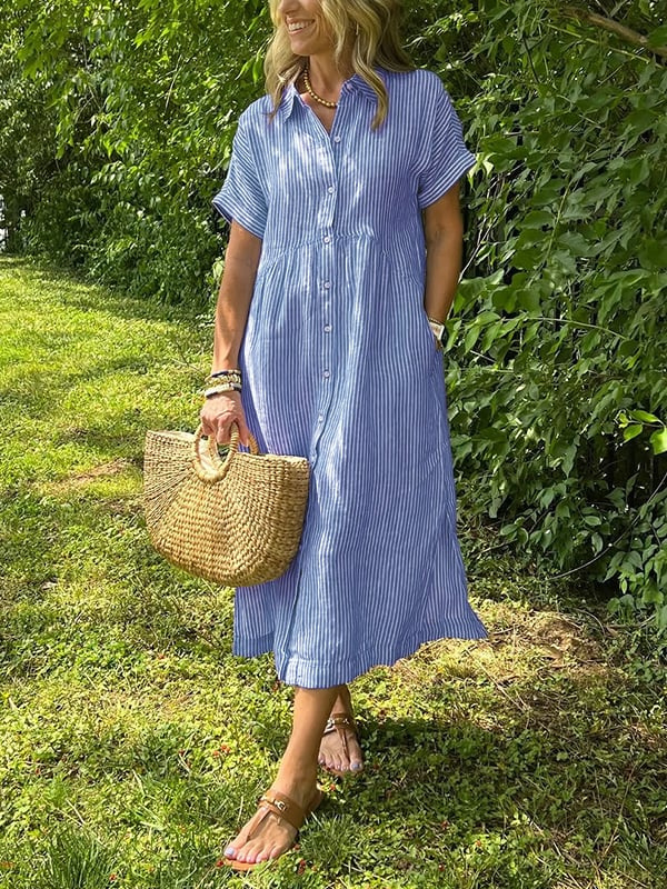 Sutton | Women's Linen Striped Button-Down Midi Shirt Dress