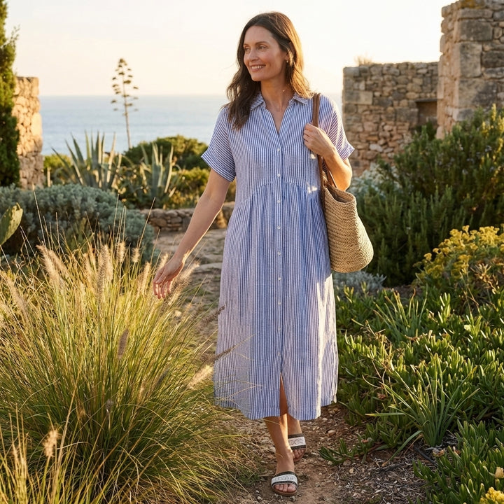 Sutton | Women's Linen Striped Short Sleeve Shirt Midi Dress