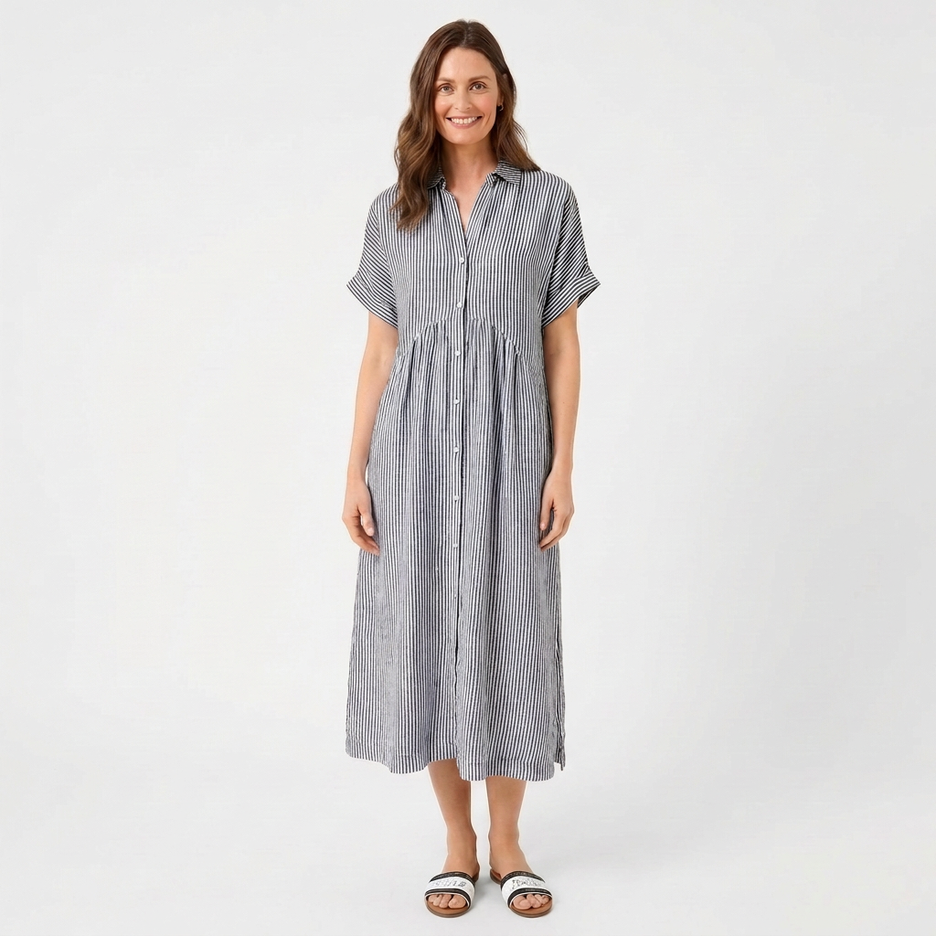 Sutton | Women's Linen Striped Short Sleeve Shirt Midi Dress