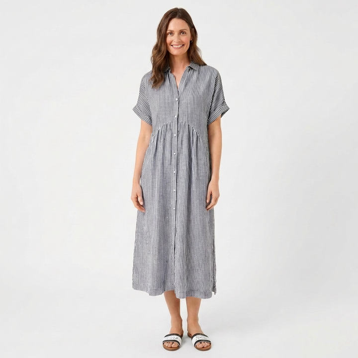 Sutton | Women's Linen Striped Short Sleeve Shirt Midi Dress