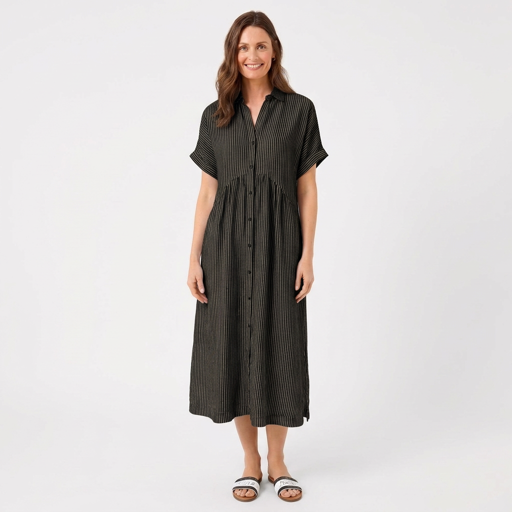 Sutton | Women's Linen Striped Short Sleeve Shirt Midi Dress