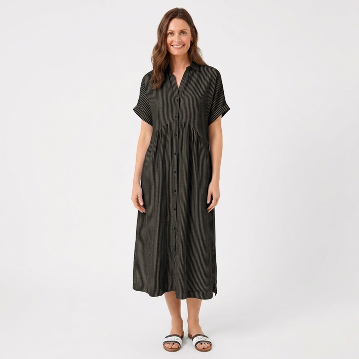 Sutton | Women's Linen Striped Short Sleeve Shirt Midi Dress