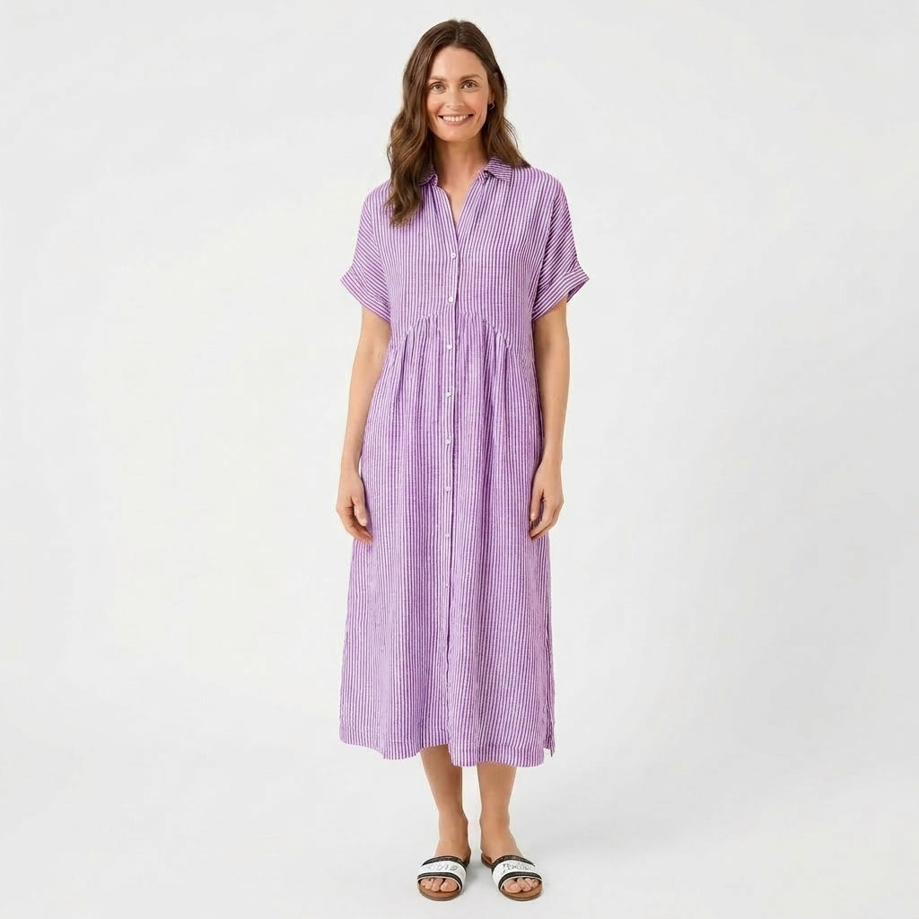 Sutton | Women's Linen Striped Short Sleeve Shirt Midi Dress