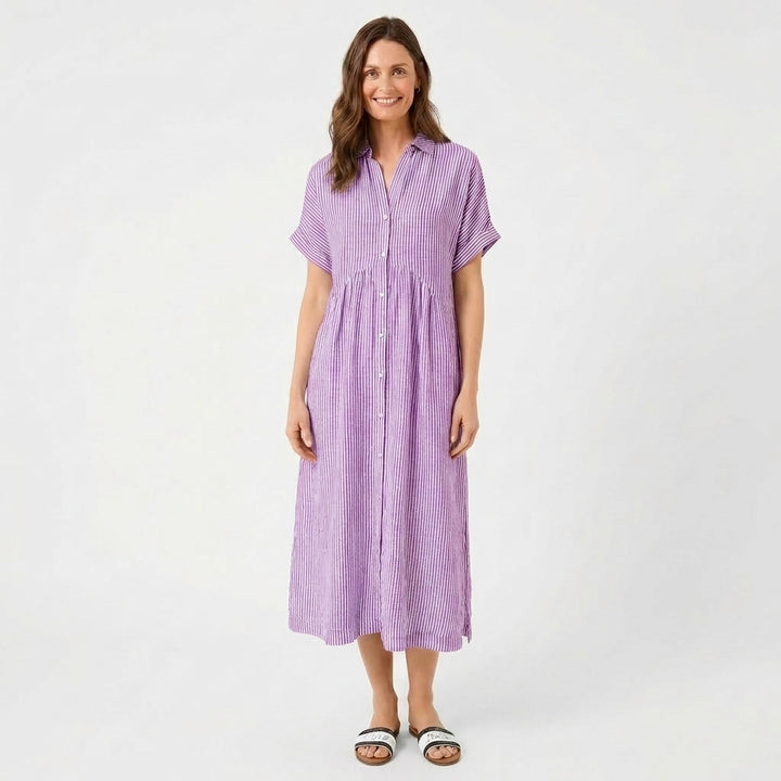 Sutton | Women's Linen Striped Short Sleeve Shirt Midi Dress