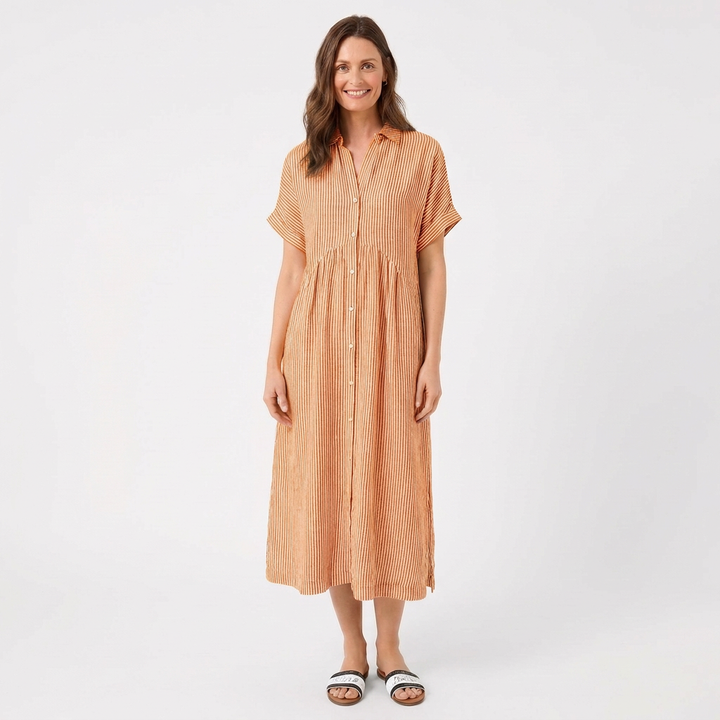 Sutton | Women's Linen Striped Short Sleeve Shirt Midi Dress