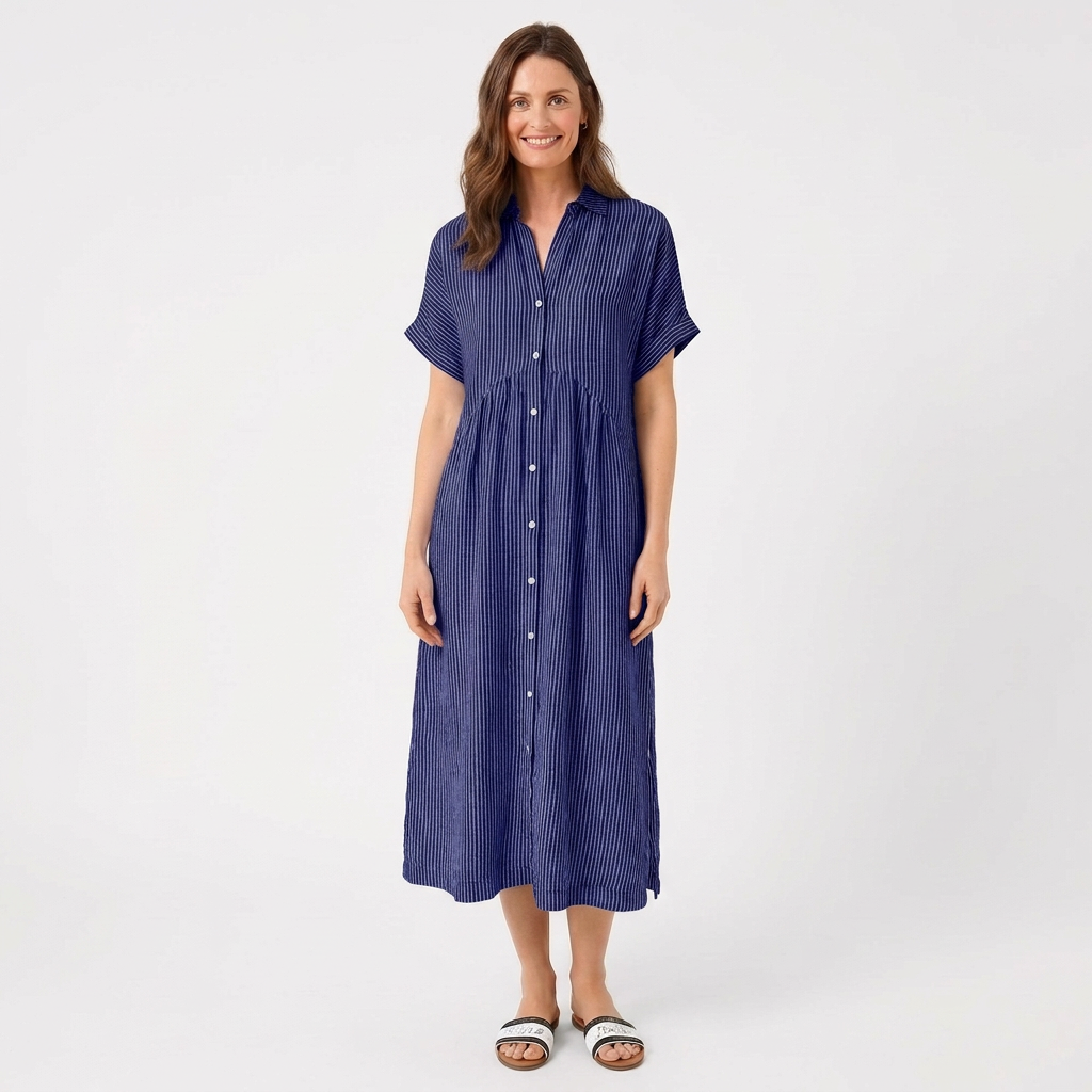 Sutton | Women's Linen Striped Short Sleeve Shirt Midi Dress