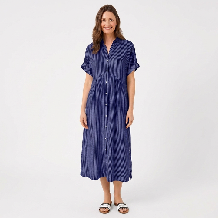 Sutton | Women's Linen Striped Short Sleeve Shirt Midi Dress