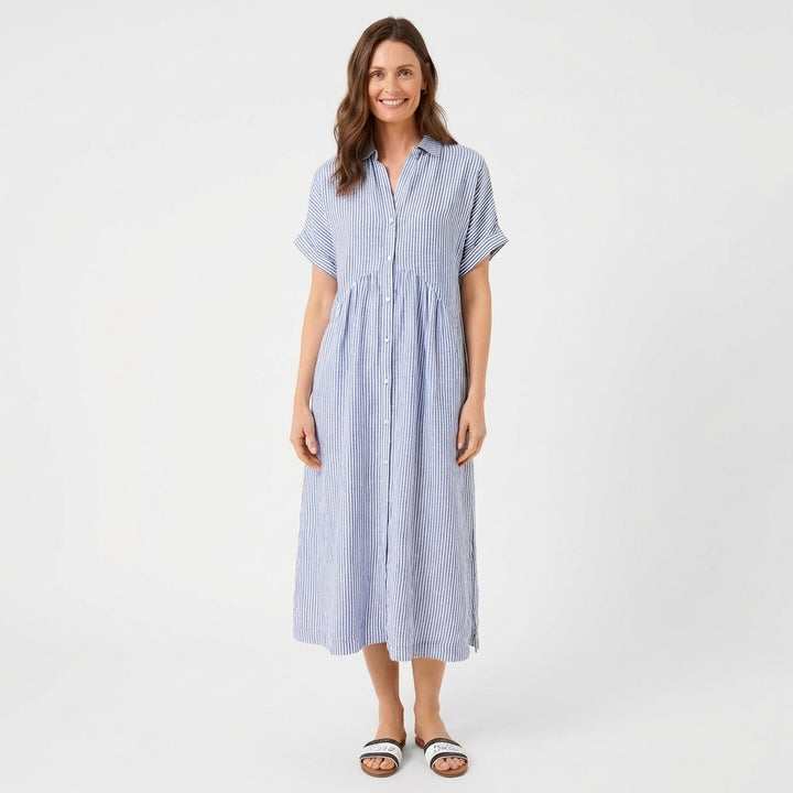 Sutton | Women's Linen Striped Short Sleeve Shirt Midi Dress
