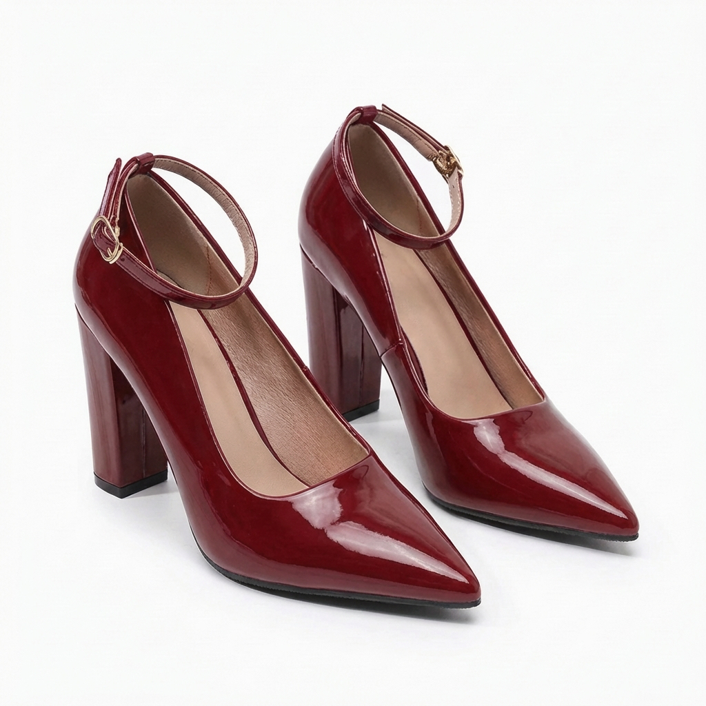 Sutton | Women's Patent Leather Ankle Strap Block Heel Court Shoes