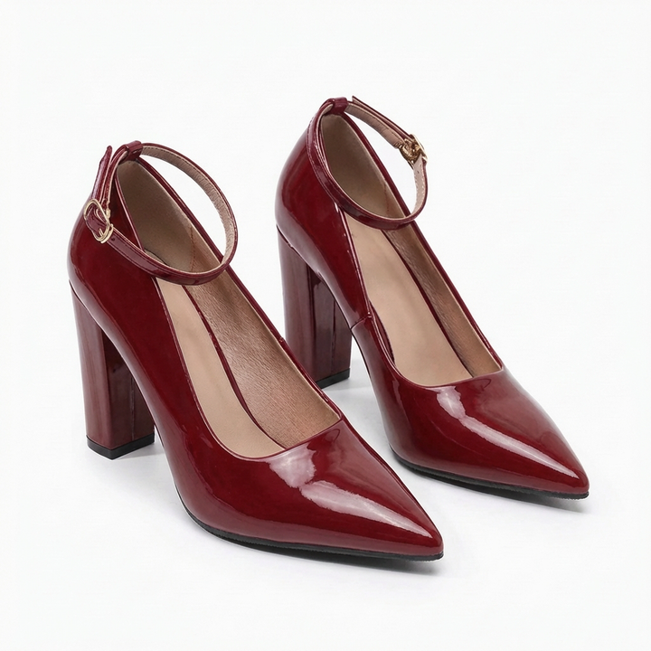 Sutton | Women's Patent Leather Ankle Strap Block Heel Court Shoes