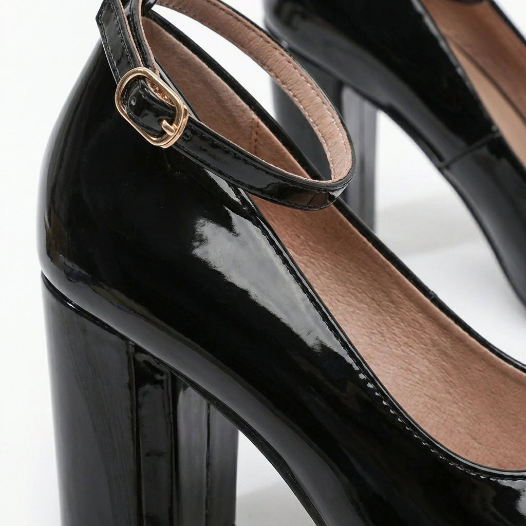 Sutton | Women's Patent Leather Ankle Strap Block Heel Court Shoes