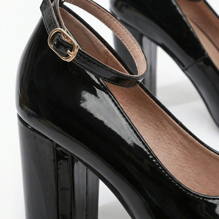 Sutton | Women's Patent Leather Ankle Strap Block Heel Court Shoes