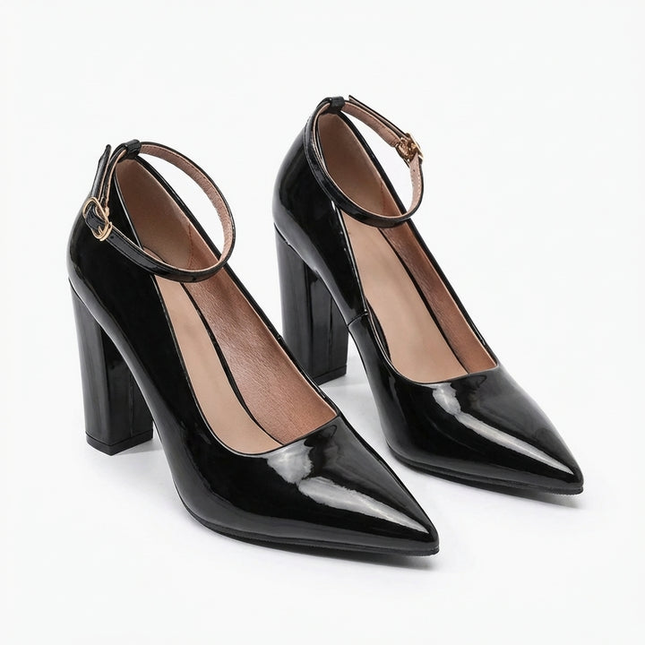 Sutton | Women's Patent Leather Ankle Strap Block Heel Court Shoes