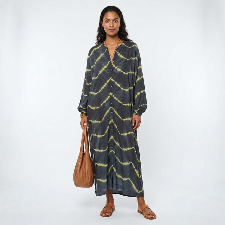 Sutton | Women's Satin Tie-Dye Print Button-Down Midi Shirt Dress