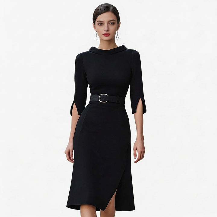 Sutton | Women's Stretch Belted Split-Hem Black Midi Dress