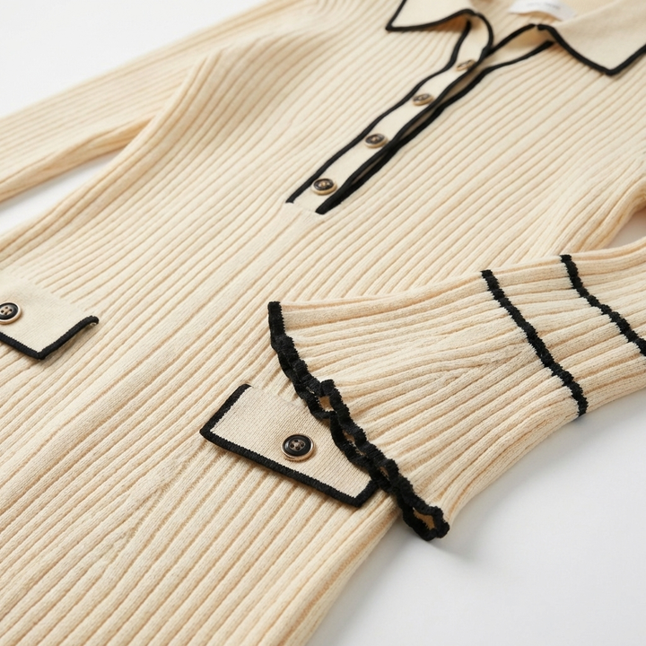 Thea | Women's Cable-Knit Contrast Trim Polo Neck Maxi Dress