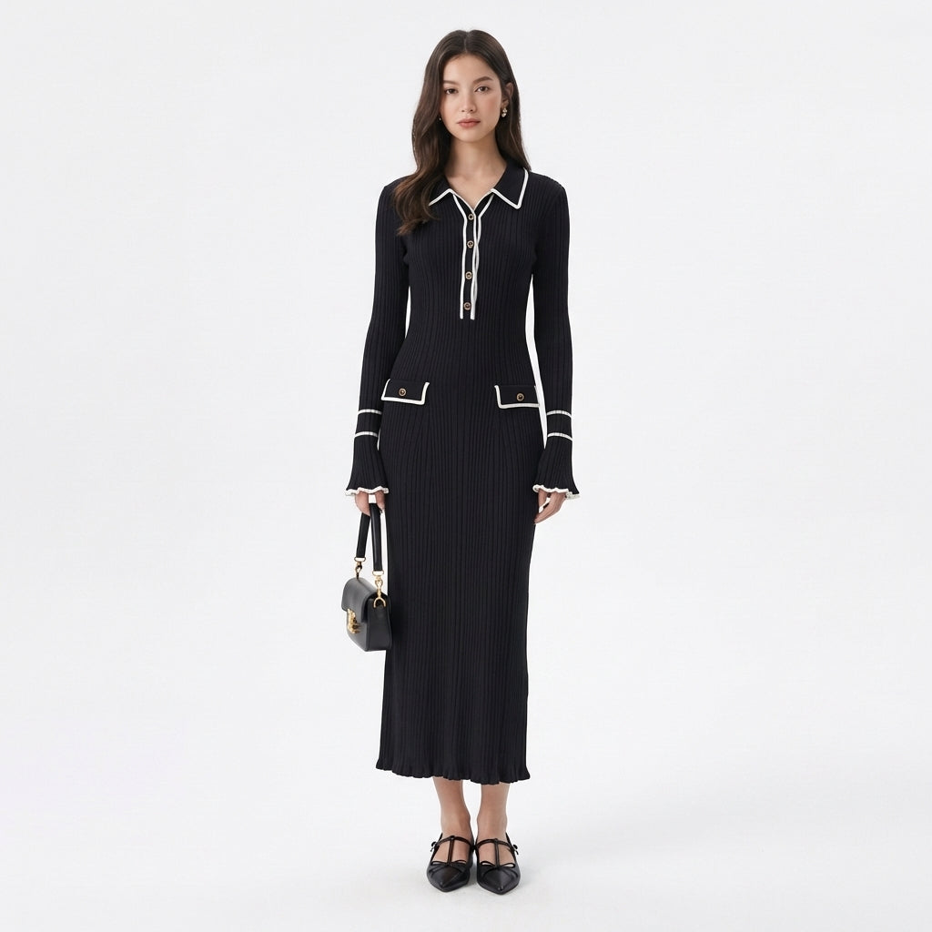 Thea | Women's Cable-Knit Contrast Trim Polo Neck Maxi Dress