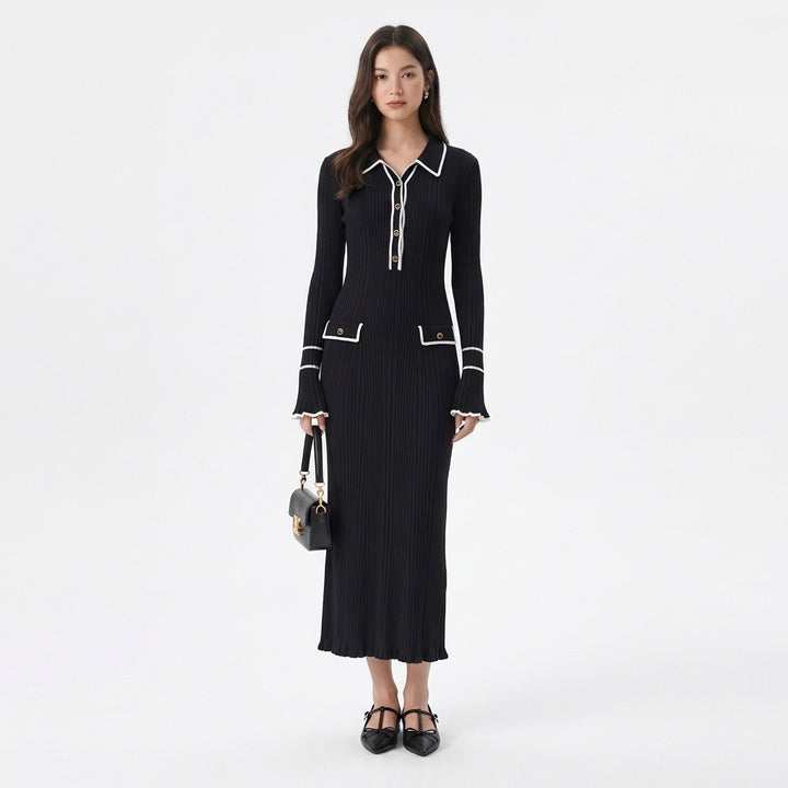 Thea | Women's Cable-Knit Contrast Trim Polo Neck Maxi Dress
