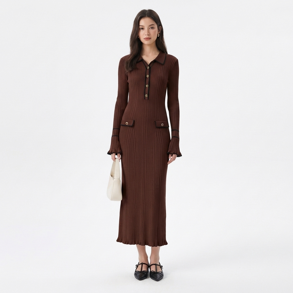 Thea | Women's Cable-Knit Contrast Trim Polo Neck Maxi Dress