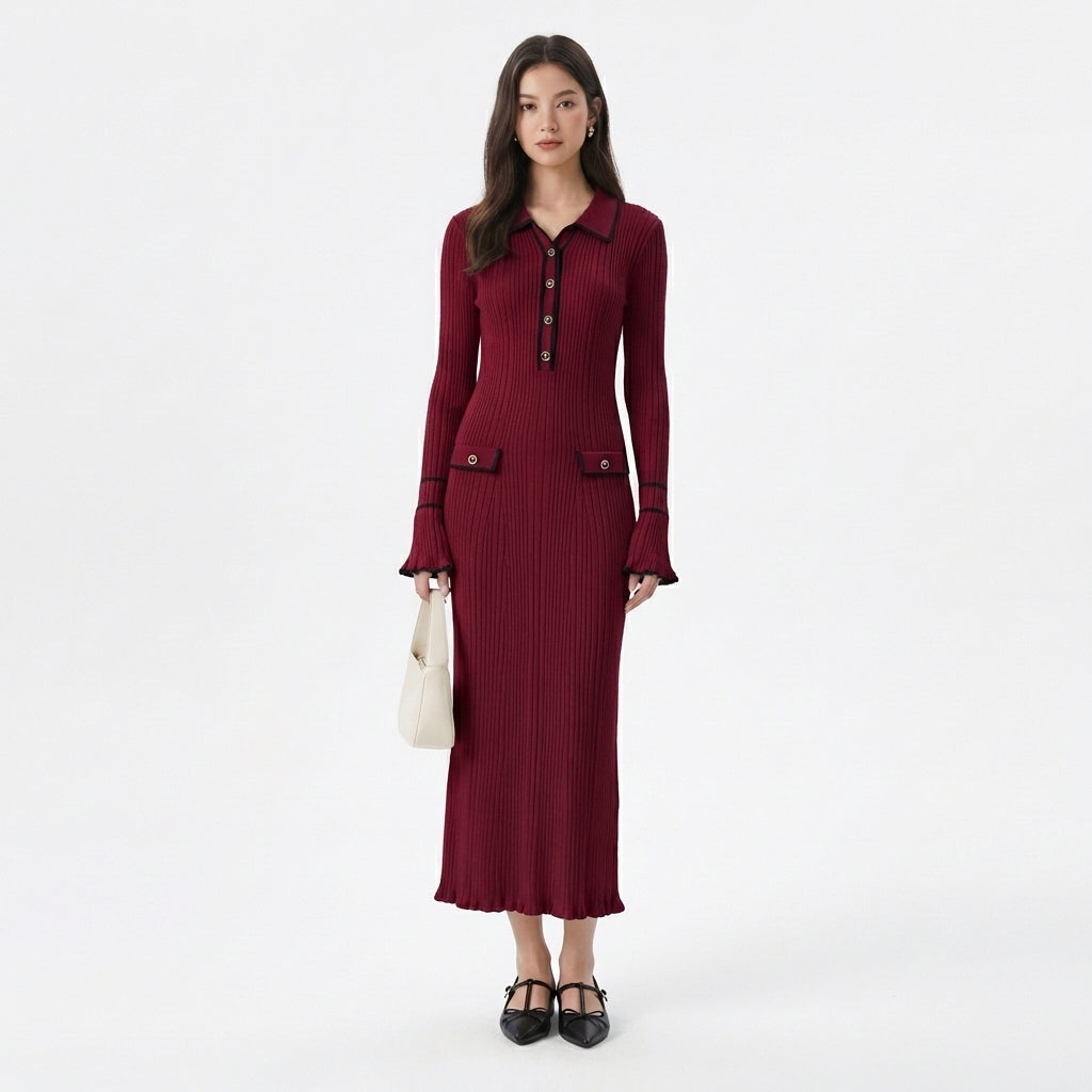 Thea | Women's Cable-Knit Contrast Trim Polo Neck Maxi Dress