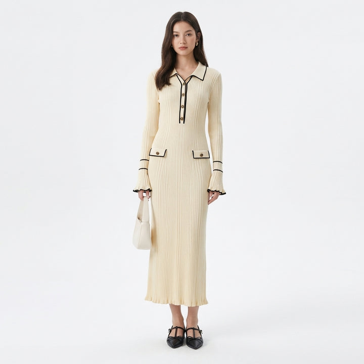 Thea | Women's Cable-Knit Contrast Trim Polo Neck Maxi Dress