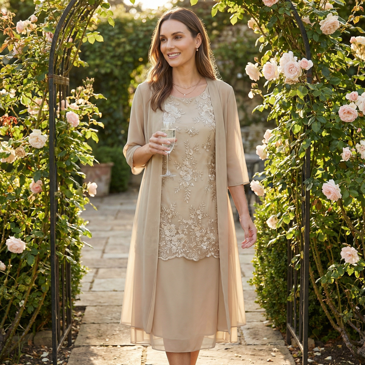 Thea | Women's Chiffon Lace Overlay Two-Piece Midi Dress