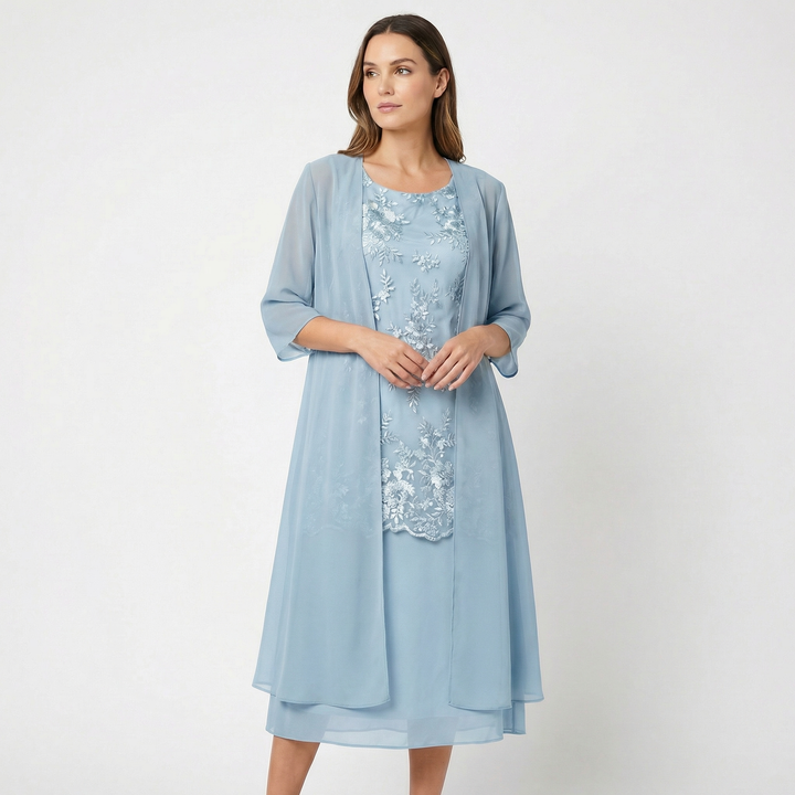 Thea | Women's Chiffon Lace Overlay Two-Piece Midi Dress