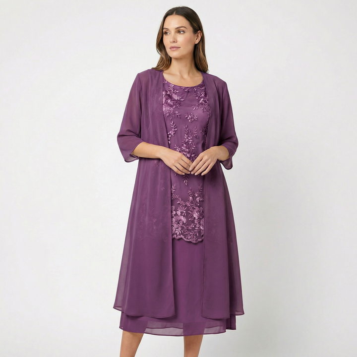 Thea | Women's Chiffon Lace Overlay Two-Piece Midi Dress