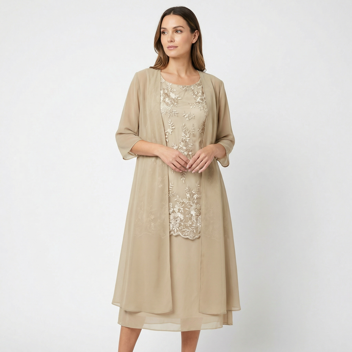 Thea | Women's Chiffon Lace Overlay Two-Piece Midi Dress