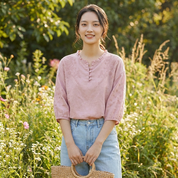 Thea | Women's Cotton Lace-Detail Button-Neck Blouse