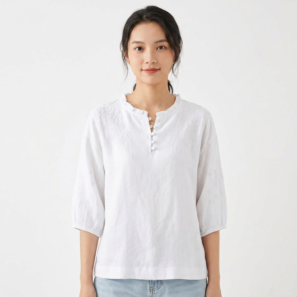 Thea | Women's Cotton Lace-Detail Button-Neck Blouse