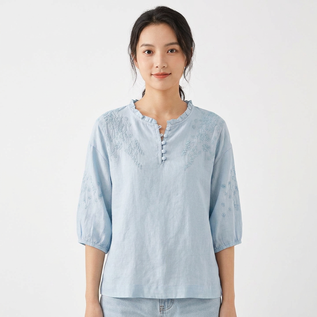 Thea | Women's Cotton Lace-Detail Button-Neck Blouse