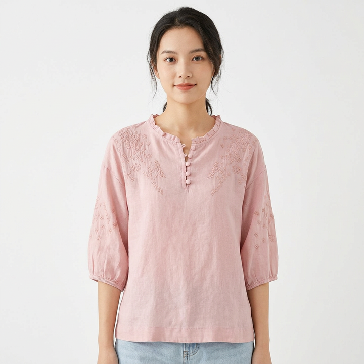 Thea | Women's Cotton Lace-Detail Button-Neck Blouse