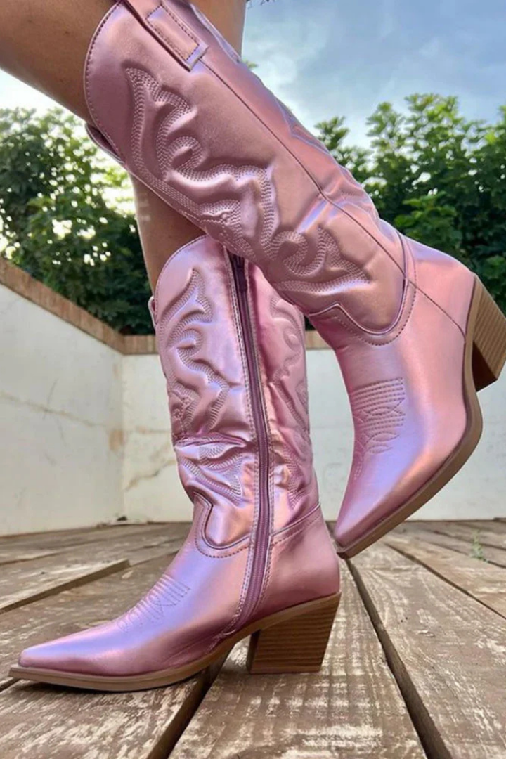 Thea | Women's Leather Metallic Pink Knee High Cowgirl Boots