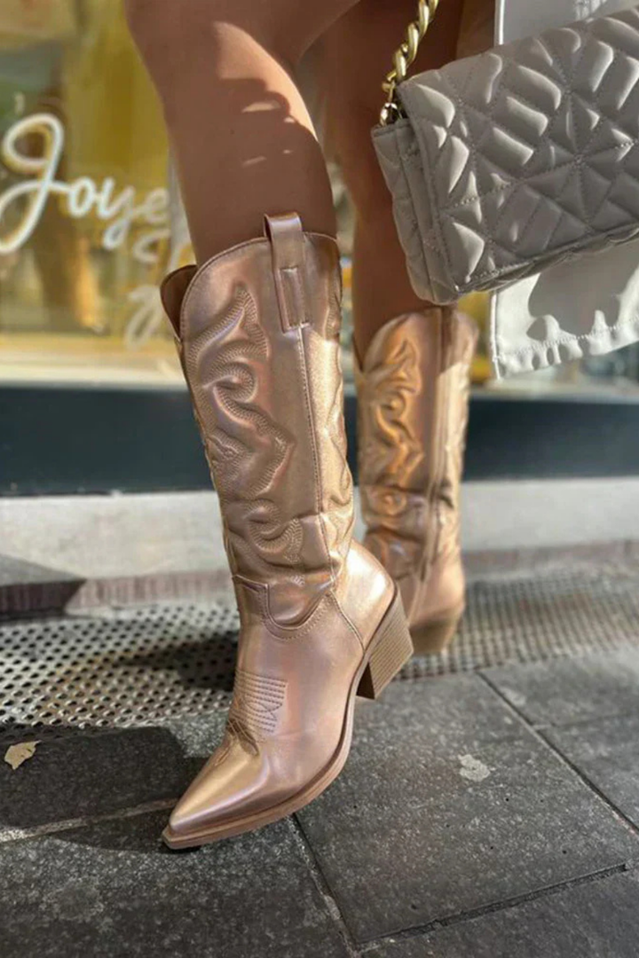 Thea | Women's Leather Metallic Pink Knee High Cowgirl Boots