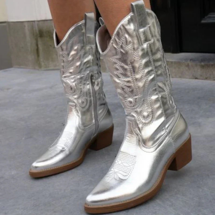 Thea | Women's Leather Metallic Pink Knee High Cowgirl Boots