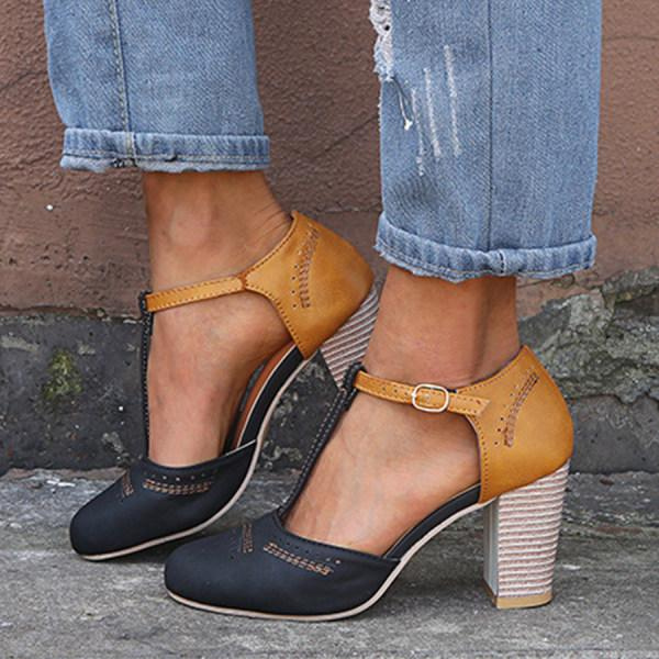 Thea | Women's Leather Two-Tone Block Heel T-Bar Court Shoes