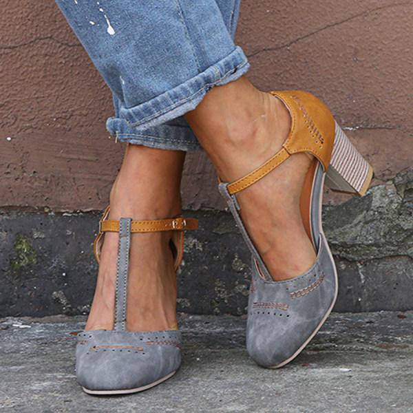 Thea | Women's Leather Two-Tone Block Heel T-Bar Court Shoes