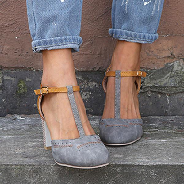 Thea | Women's Leather Two-Tone Block Heel T-Bar Court Shoes