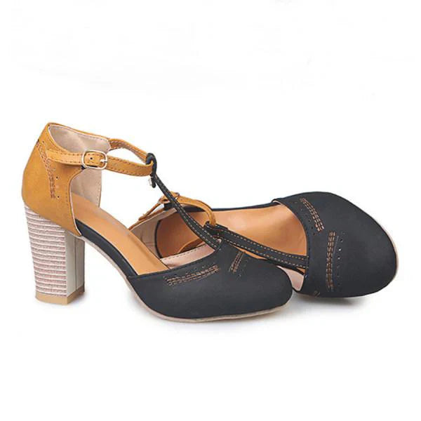 Thea | Women's Leather Two-Tone Block Heel T-Bar Court Shoes