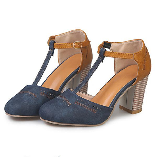Thea | Women's Leather Two-Tone Block Heel T-Bar Court Shoes